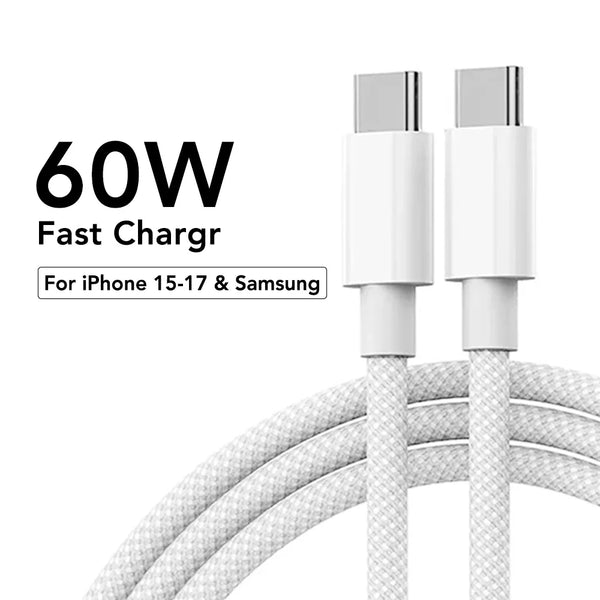 60W Fast Charging Nylon Braided USB-C to Type C Color Cable PD  For iPhone 13 14 Pro Max 11 12 XR XS Max Plus Samsung Data Sync
