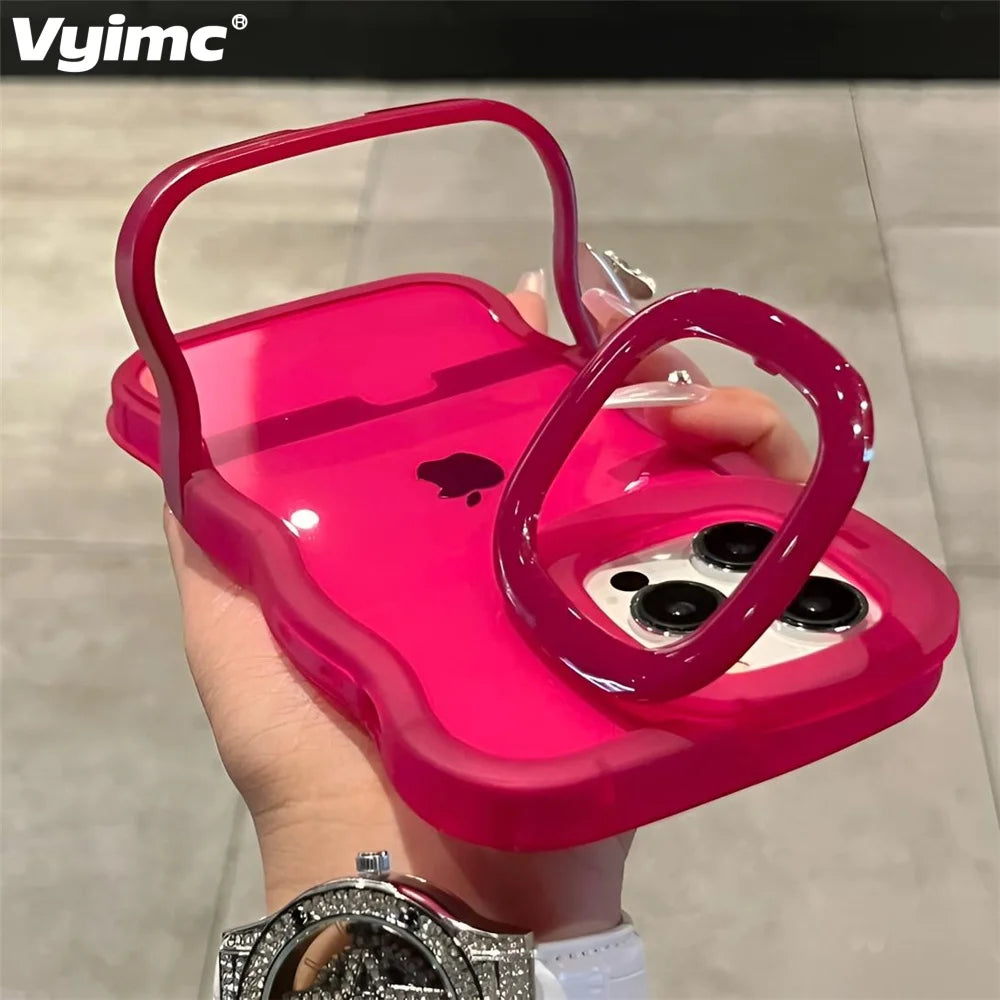 2IN1 Folding Stand Wave Clear Phone Case For iPhone 16 15 14 Plus 11 12 13 Pro Max Fashion 3D Curly Shockproof Protective Cover