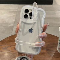 2IN1 Folding Stand Wave Clear Phone Case For iPhone 16 15 14 Plus 11 12 13 Pro Max Fashion 3D Curly Shockproof Protective Cover