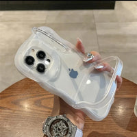 2IN1 Folding Stand Wave Clear Phone Case For iPhone 16 15 14 Plus 11 12 13 Pro Max Fashion 3D Curly Shockproof Protective Cover
