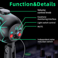Gaming Microphone USB Microphone for PC Condenser Podcast Mic for Studio Recording with Headphone Jack, Led, Noise Cancellation