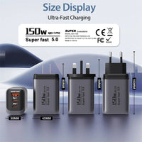 USB Type C 150W Charger USB QC3.0 Fast Charging Mobile Phone Charger Travel Adapter For iPhone 17 Samsung Xiaomi EU/UK/US Plug